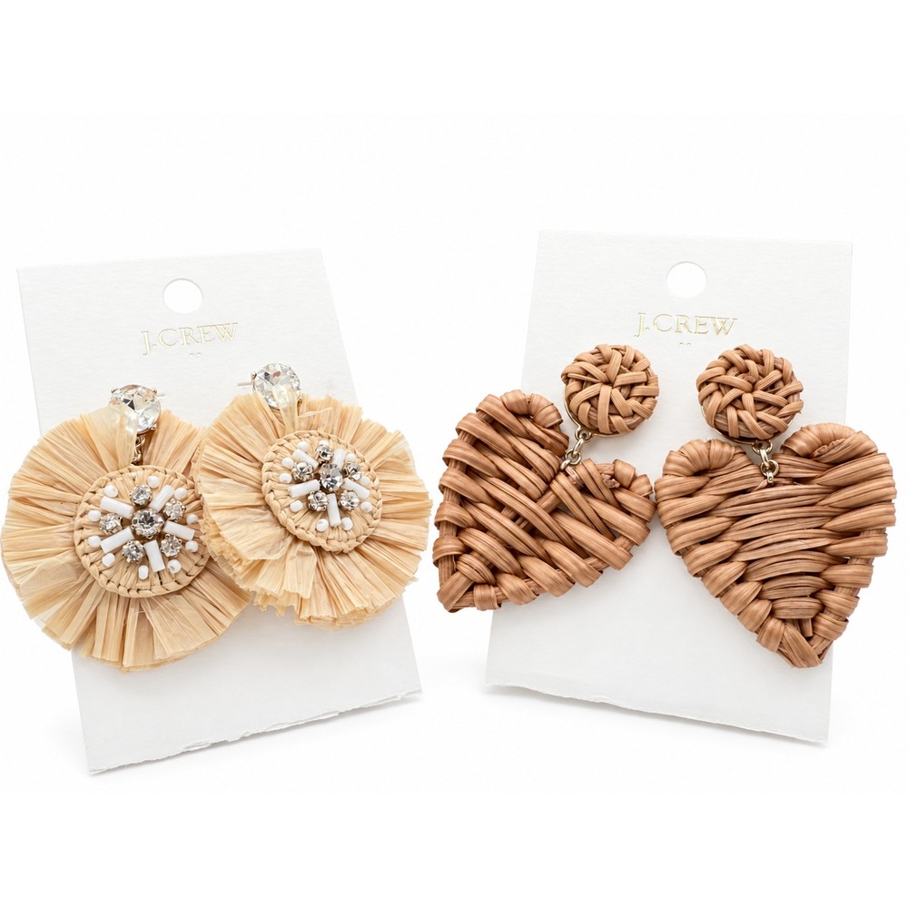 NWT J.Crew Lot 2 Drop Earrings Woven Rattan Heart Raffia Fringe Crystal Boho